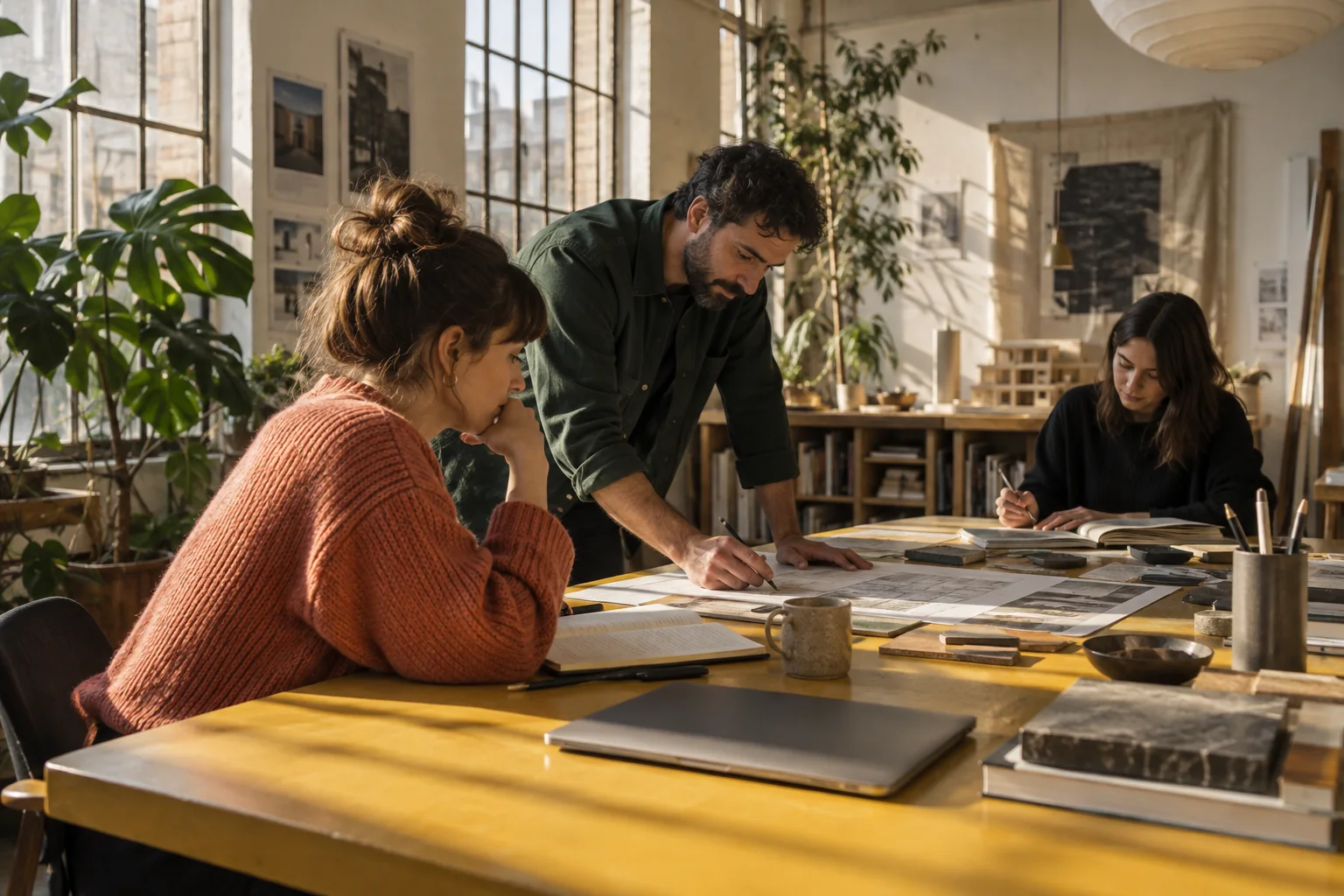 Original AI-generated editorial scene of colleagues working together in a sunlit creative studio.