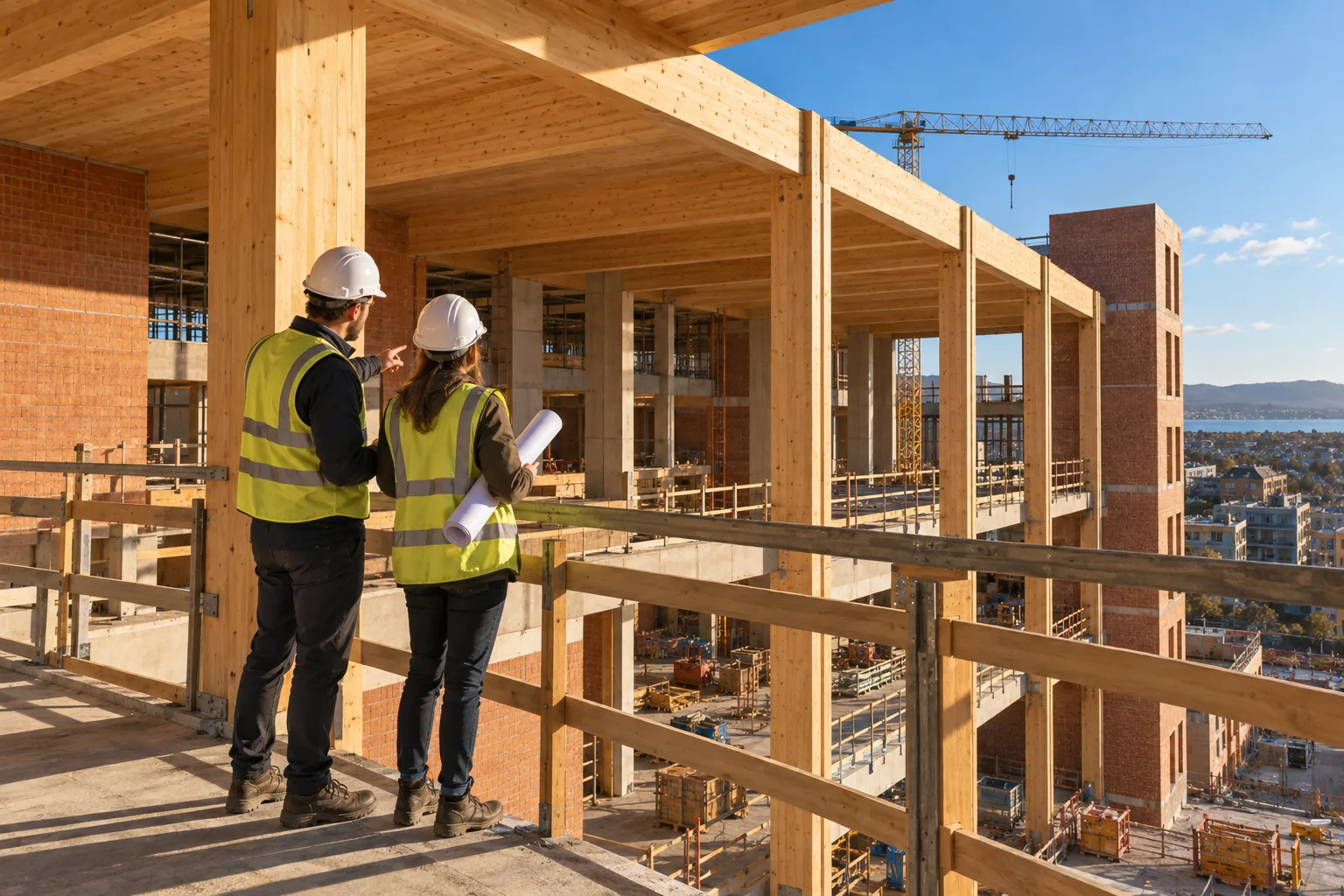 Original AI-generated editorial image of a construction team reviewing a timber building on site.
