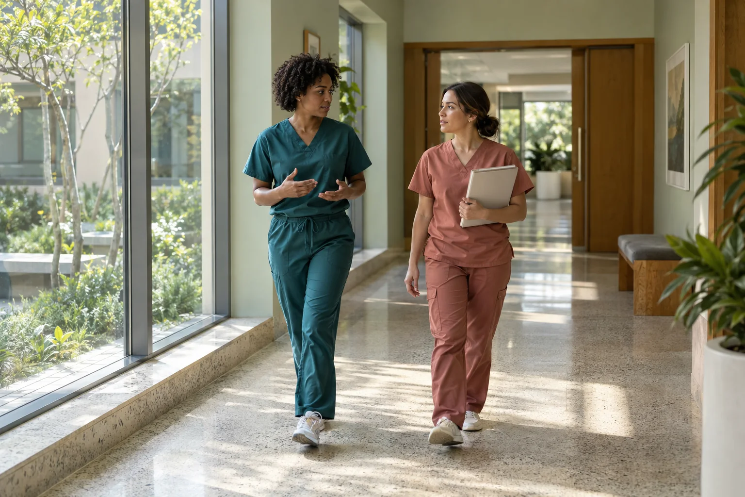 Original AI-generated editorial image of two healthcare professionals sharing a quiet handover.