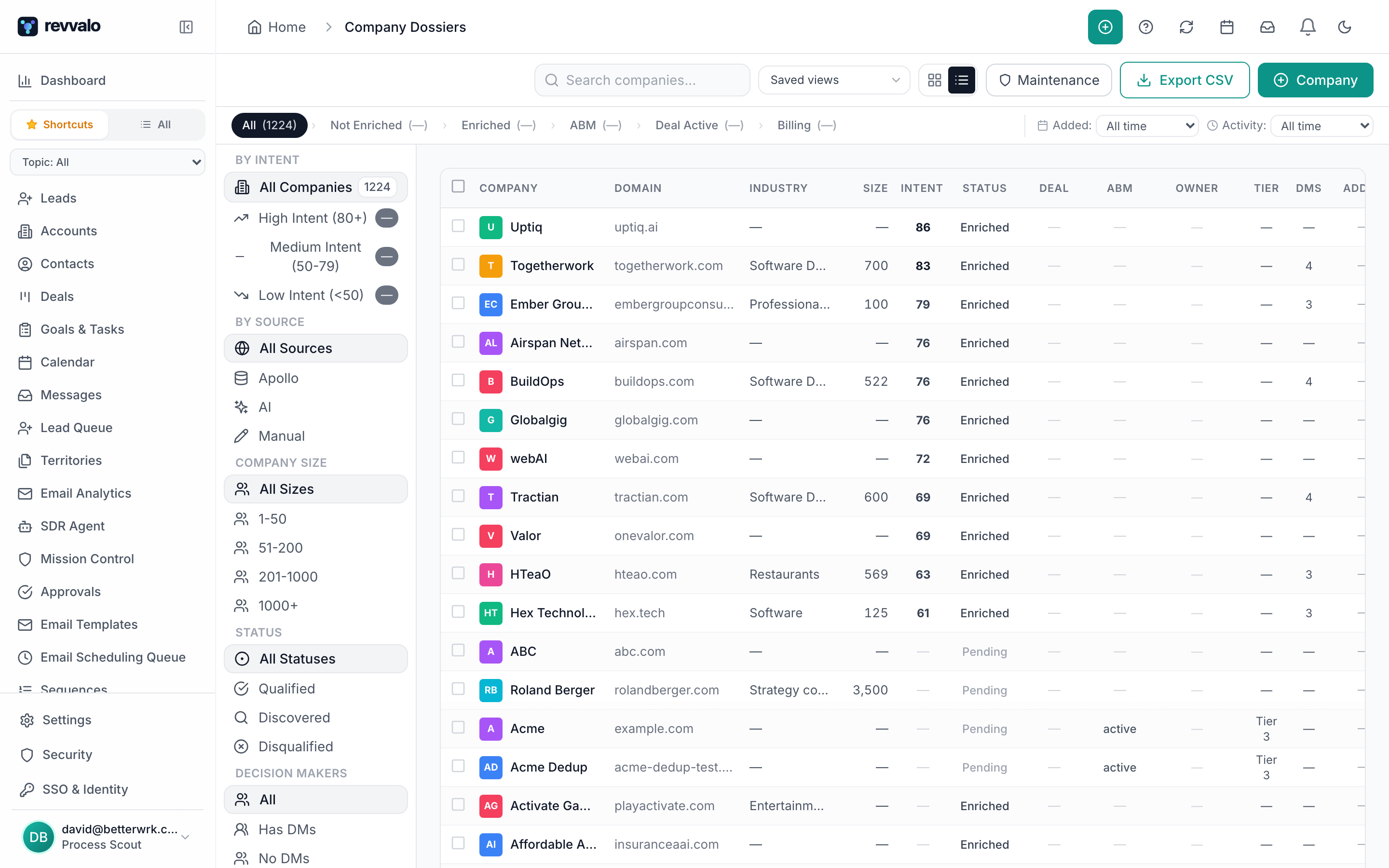 Revvalo company dossier list with domain, industry, size, intent score, and enrichment status for a run of accounts