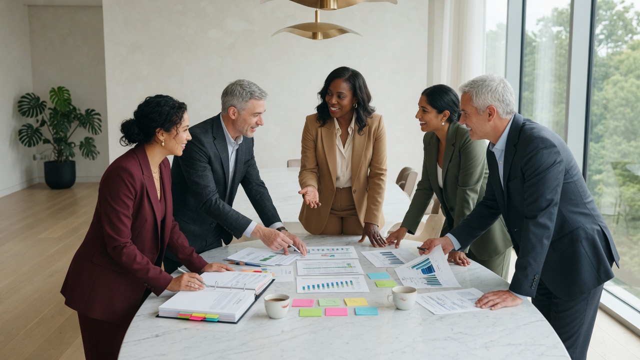 Five-person revenue team collaborating around a table in a bright office (clean photo, no UI or text)