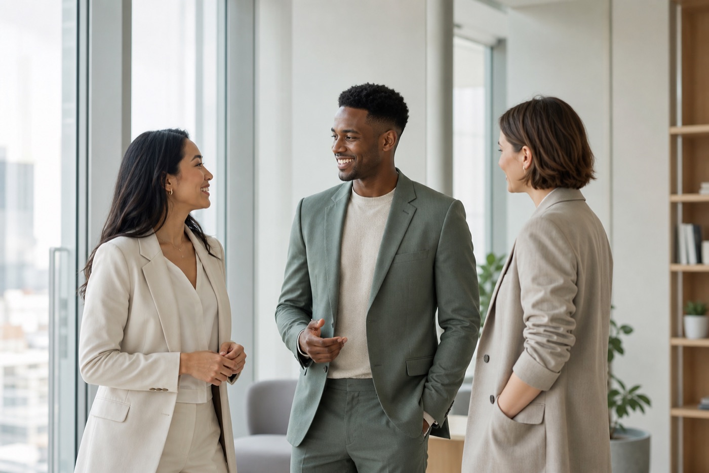Three professionals in conversation in a bright modern office (clean photo, no UI or text)